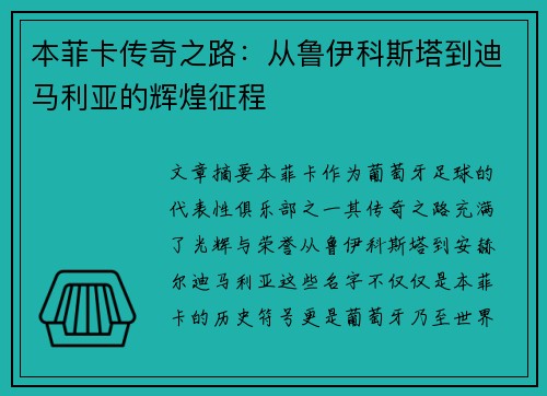 本菲卡传奇之路：从鲁伊科斯塔到迪马利亚的辉煌征程