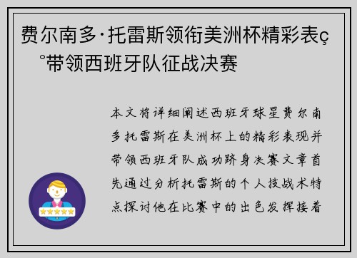费尔南多·托雷斯领衔美洲杯精彩表现带领西班牙队征战决赛